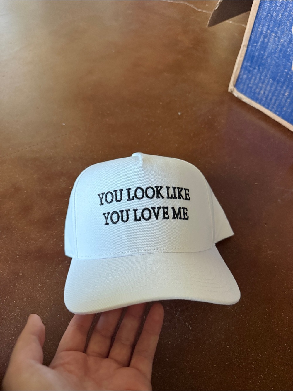 White Kids Cap with 'YOU LOOK LIKE YOU LOVE ME' Embroidery